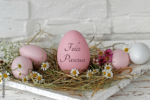 Tarjeta de felicitación Felices Pascuas: Decoración armoniosa de Pascua con huevos de Pascua en un nido, uno de los cuales está rotulado con el texto Felices Pascuas. photo