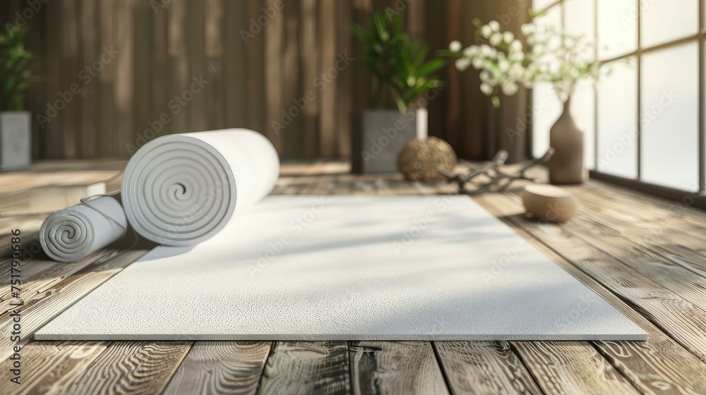 fitness white yoga mat - obrazy, fototapety, plakaty 