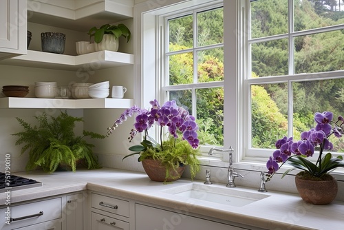 Nordic Kitchen: Lush Fern and Orchid Displays by White Cabinetry and Windowsill