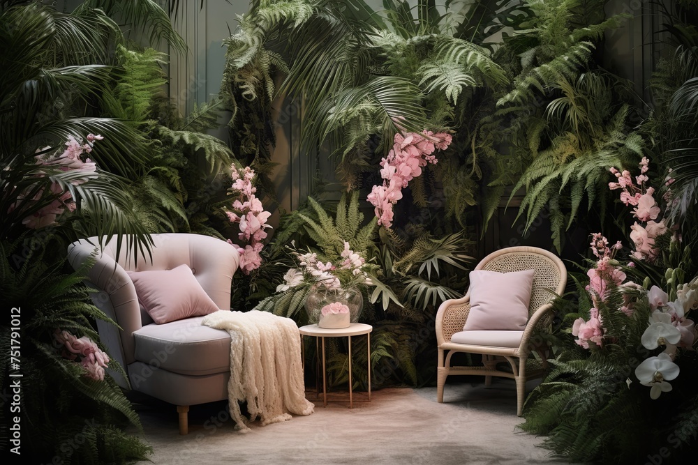 Fototapeta premium Nordic Lounge: Lush Fern and Orchid Display with Pastel-Colored Seating