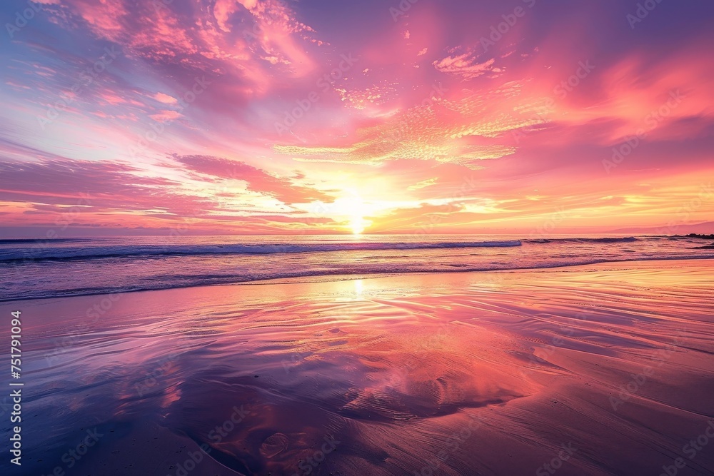 Sunset Splendor Mirrors on Tranquil Shoreline Waters - obrazy, fototapety, plakaty 