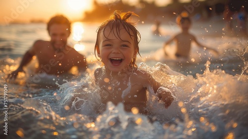 Splashing in the Waves: With squeals of delight, the family with kids runs into the surf, jumping over waves and splashing each other with seawater. captures the joyous expressions on their faces as 