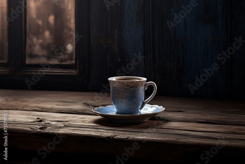 a blue and white teacup on a wooden surface