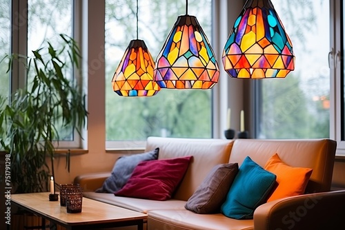 Nordic Lounge: Vintage Glass Panel & Colorful Stained Glass Pendant Lights Atmosphere photo