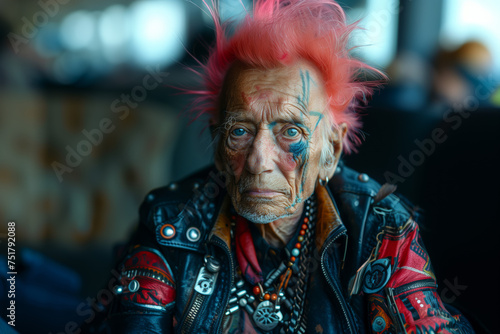 Elderly ageing punk with pink hair and painted leather jacket  © GunRed