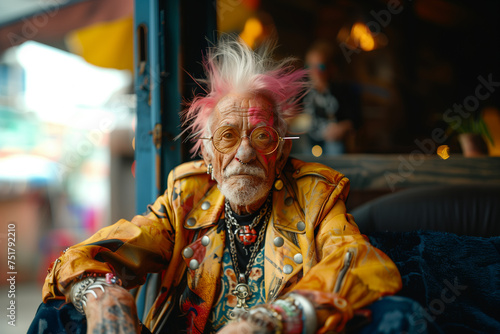 Elderly ageing punk with pink hair and yellow leather jacket 