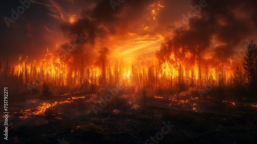 a large fire is coming out of a building at night