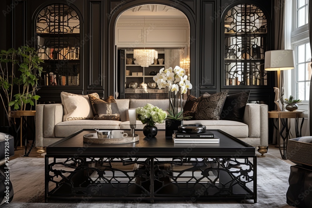 Modern Living Room: Ornate Ironwork Structures with Black Iron Details on Coffee Table