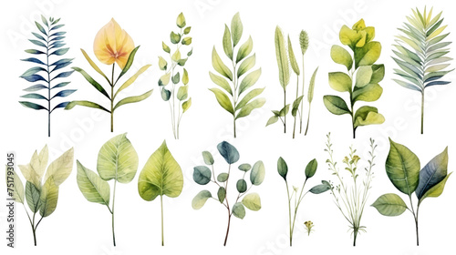 Watercolor Exotic Plants Isolated on Transparent Background, (PNG). photo