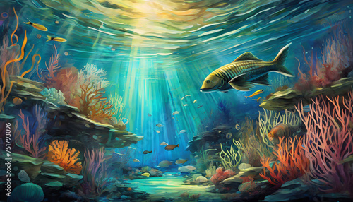 Detailed oil painting of beautiful underwater landscape with sea creatures. Marine life. Hand drawn