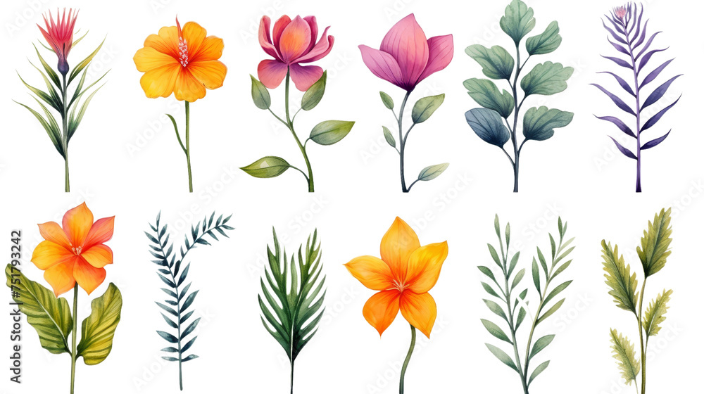 Watercolor Exotic Plants Isolated on Transparent Background, (PNG).