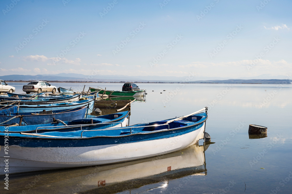 Decorated day-trip boats in Işıklı Lake in Denizli's Çivril district. Isıkli Lake is flooded with visitors during lotus time. It is also a popular lake for hunters.