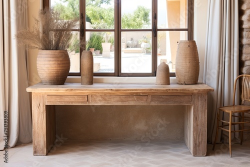 Reclaimed Wood Desks Elevating Mediterranean Vibes in a Sunlit Room