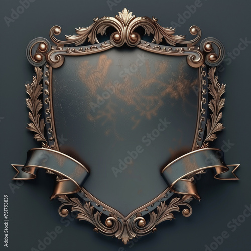 Ornate Bronze Shield and Ribbon Design in 3D Style