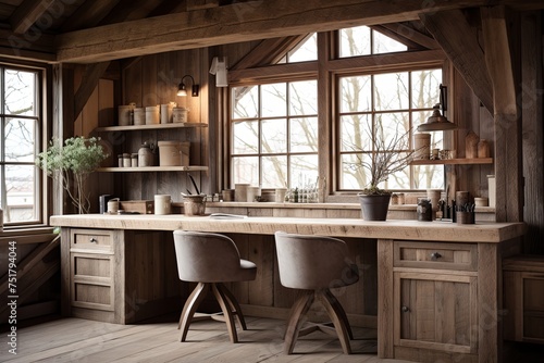 Reclaimed Wood Desks in Rustic Kitchen  Farmhouse Decor and Wooden Beams