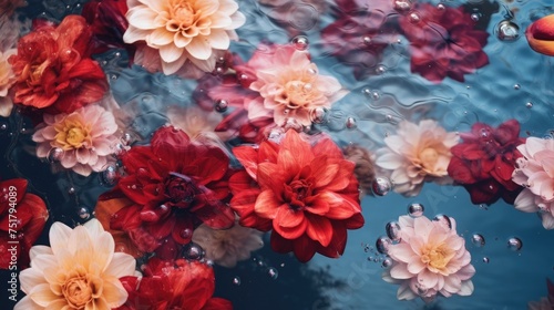 Beautiful delicate flowers on a background of blue water. The texture of the water. Small waves  ripples on the water. Background for Women s Day  Valentine s Day.