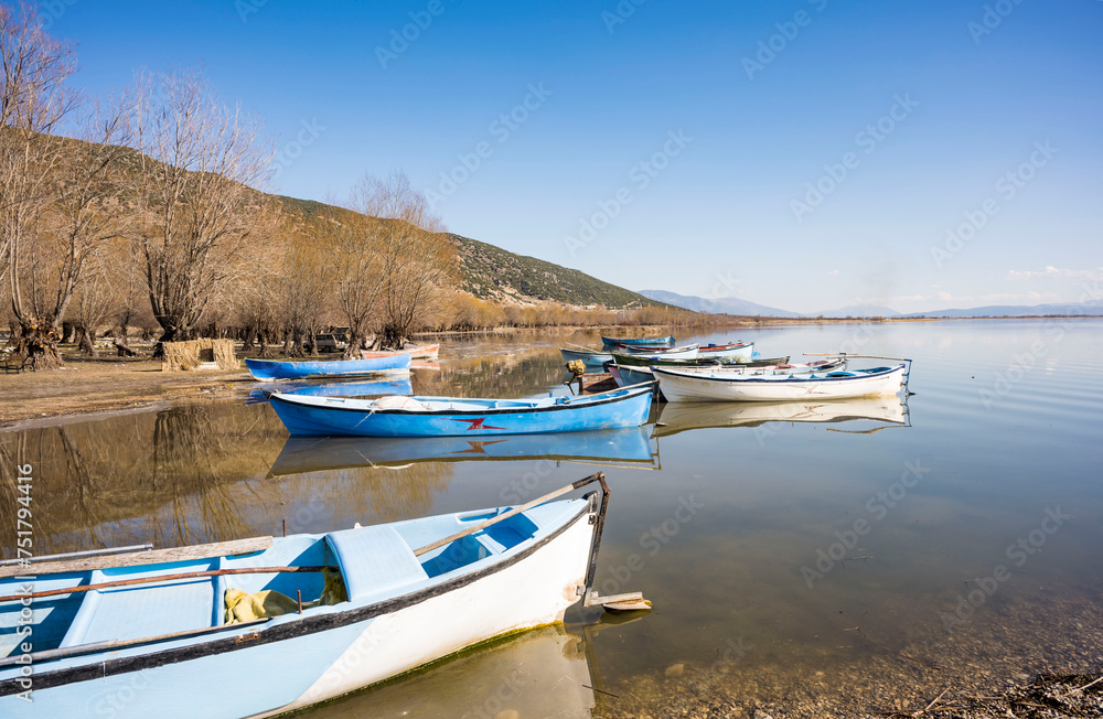 Fototapeta premium Decorated day-trip boats in Işıklı Lake in Denizli's Çivril district. Isıkli Lake is flooded with visitors during lotus time. It is also a popular lake for hunters.