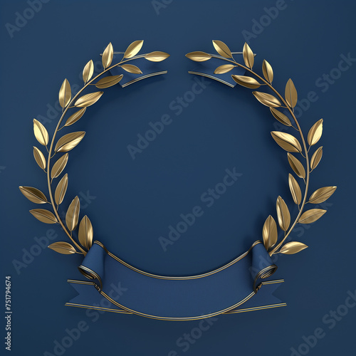 3D Rendered Laurel Wreath Trophy Ribbon on Blue Background