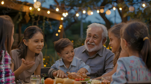 Happy senior hispanic grandfather enjoying an evening meal with his grandchildren, surrounded by warm string lights in a cozy outdoor setting.