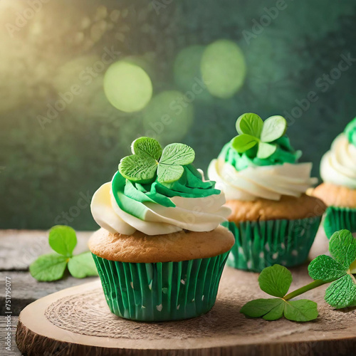 Wallpaper Mural Delicious decorated cupcakes on wooden table, space for text. St. Patrick's Torontodigital.ca