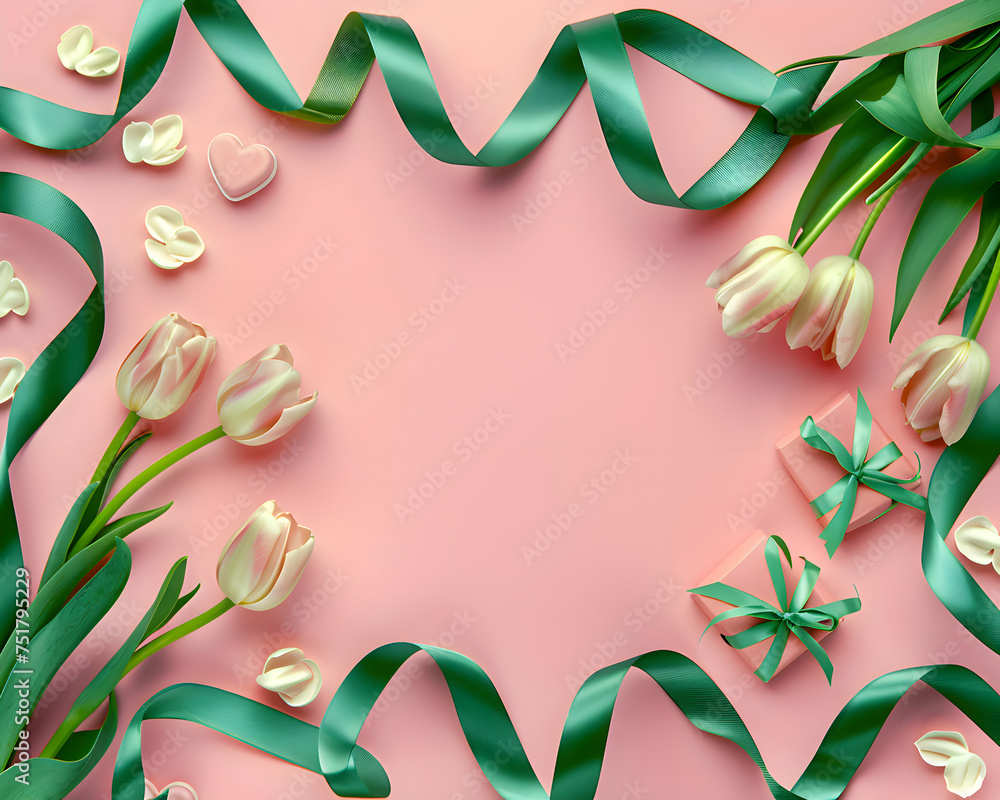 flat lay background of laid out flowers of yellow and pink tulips, green ribbon and a gift box on a background of pink paper with free space for text insertion