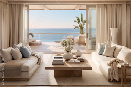 A contemporary living room immersed in the coastal charm of summer, featuring marine blues and sandy neutrals that create a tranquil retreat against the backdrop of panoramic windows © SAIMA