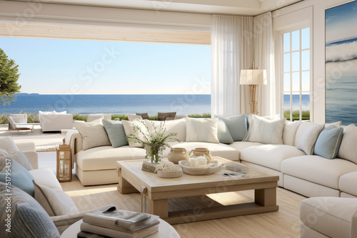 A contemporary living room immersed in the coastal charm of summer, featuring marine blues and sandy neutrals that create a tranquil retreat against the backdrop of panoramic windows © SAIMA