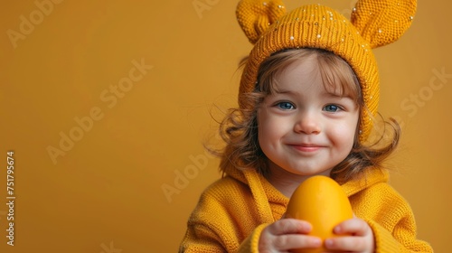 A cute little boy with rabbit ears is holding an Easter egg on a colored background