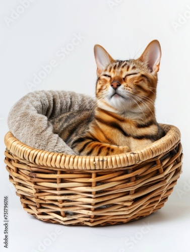 A contented Bengal cat lounging in a cozy wicker basket