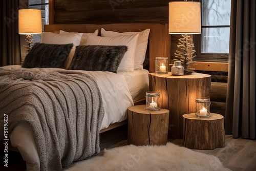 Enchanting Rustic Cabin Bedroom: Tree Stump Nightstands, Faux Fur Rugs & Wooden Details