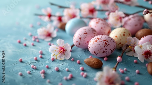 Colorful Easter chocolate eggs with cherry blossoms flat lay on blue background