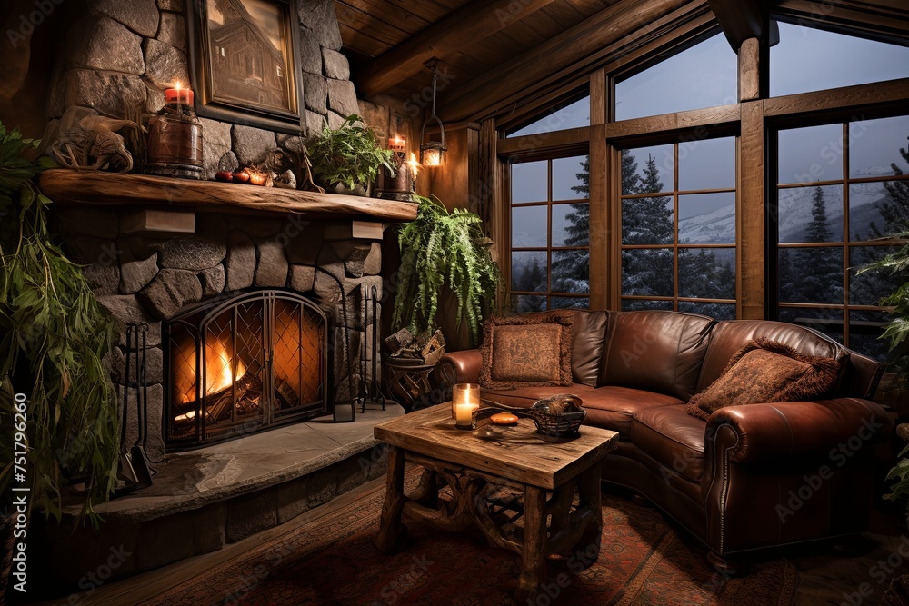 Rustic Cabin Retreat: Metal and Leather Seating, Cozy Fireplace, Log Accents