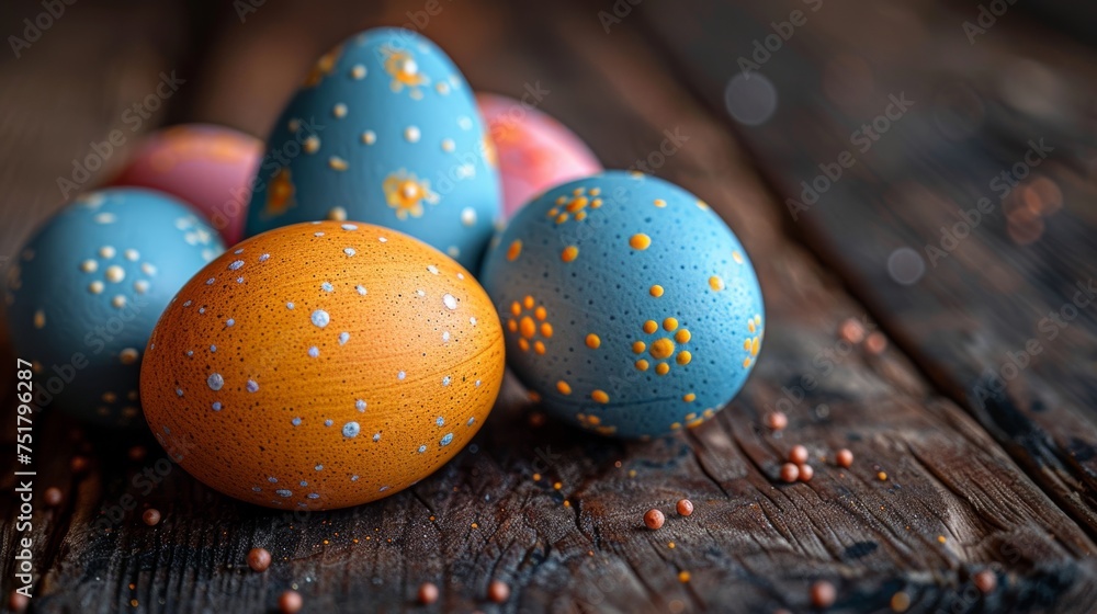 Obraz premium Easter eggs on a wooden background