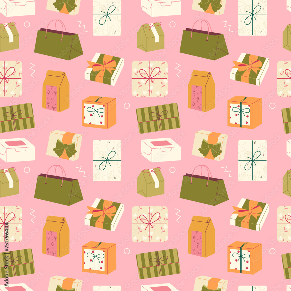 Boxes with gifts seamless pattern on pink background Boxes with gifts seamless pattern on pink background