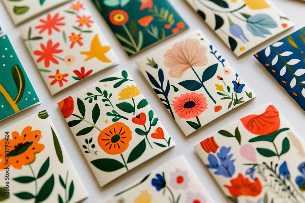 close up of flower paintings on cards