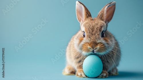 Easter rabbit with a blue painted egg on a blue background © jul14ka