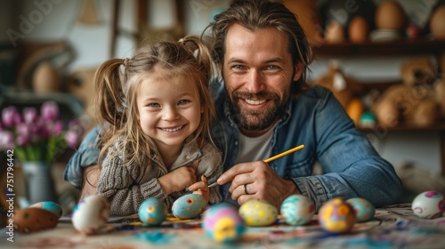 A little child wearing bunny ears and painting Easter eggs with father