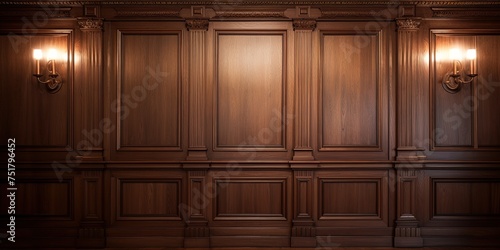 Luxury wood paneling background or texture. highly crafted classic / traditional wood paneling, with a frame pattern, often seen in courtrooms, premium hotels, and law offices.