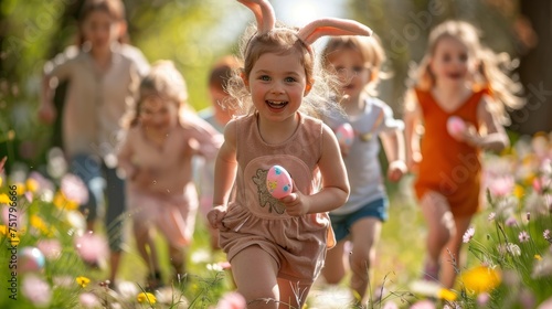 Group of children wearing bunny ears and running on Easter egg hunt in garden