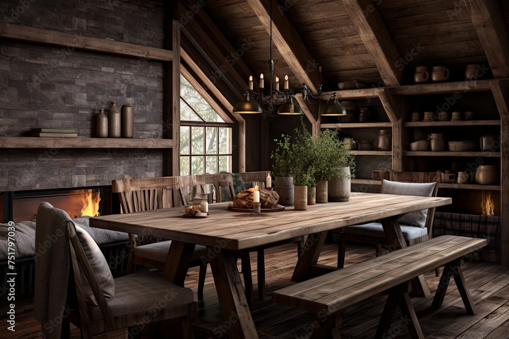 Smart Rustic Farmhouse Dining Space: Wood and Fabric Furniture with Built-In Gadgetry