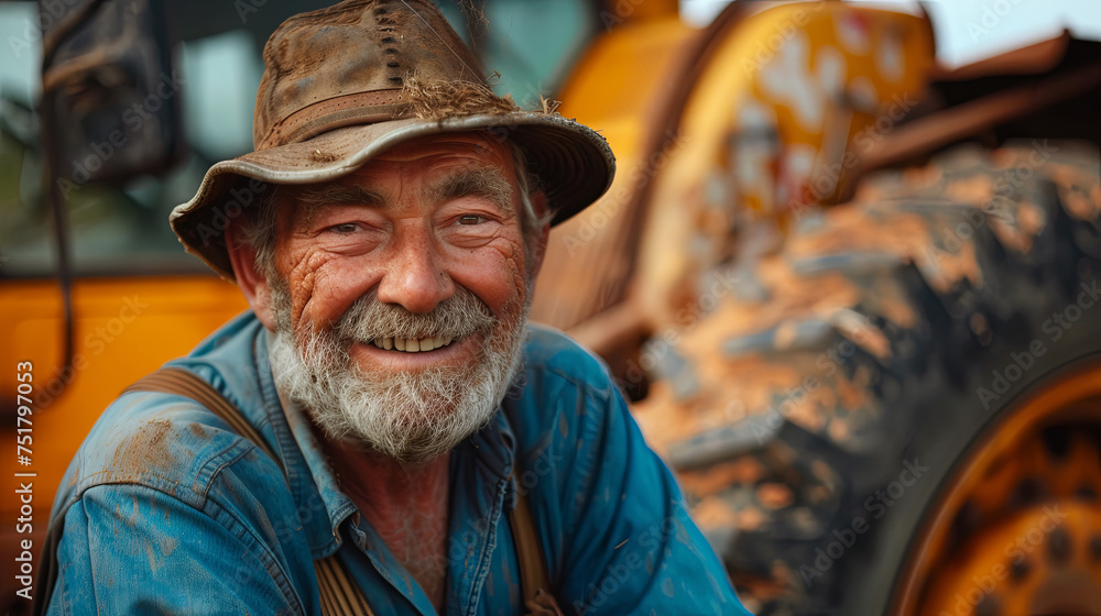 Smiling senior male farmer on the background of a tractor, agriculture concept Smiling senior male farmer on the background of a tractor, agriculture concept