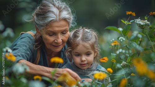 Elderly grandmother and granddaughter are engaged in gardening in the garden in the backyard