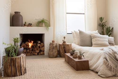 Rustic Farmhouse Fireplace: Tree Stump Nightstands, Desert Plant & Rug Accents