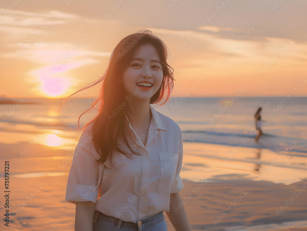 Portrait of a happy laughing asian woman at sunset on beach smiling laughing on summer holiday vacation travel lifestyle freedom fun. Portrait of a happy laughing asian woman at sunset on beach smiling laughing on summer holiday vacation travel lifestyle freedom fun.