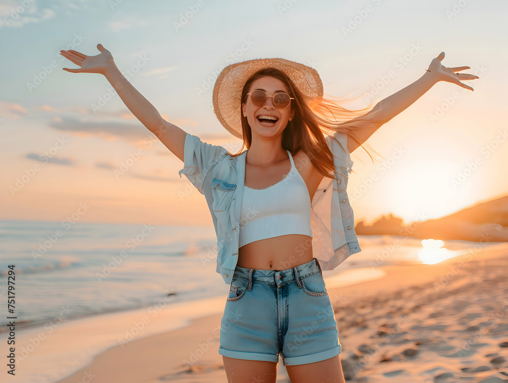 Portrait of a happy laughing brunette woman with sunglasses and straw hat dancing on beach smiling laughing on summer holiday vacation travel lifestyle freedom fun. Portrait of a happy laughing brunette woman with sunglasses and straw hat dancing on beach smiling laughing on summer holiday vacation travel lifestyle freedom fun.