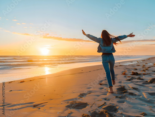 Portrait of a happy laughing brunette woman dancing on beach smiling laughing on summer holiday vacation travel lifestyle freedom fun.