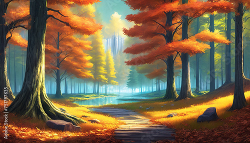 Detailed illustration of scenery with lake and wild orange forest. Natural autumn landscape. photo