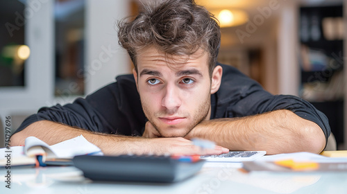 young male college student worried about student loan debt, money issues, edducation photo