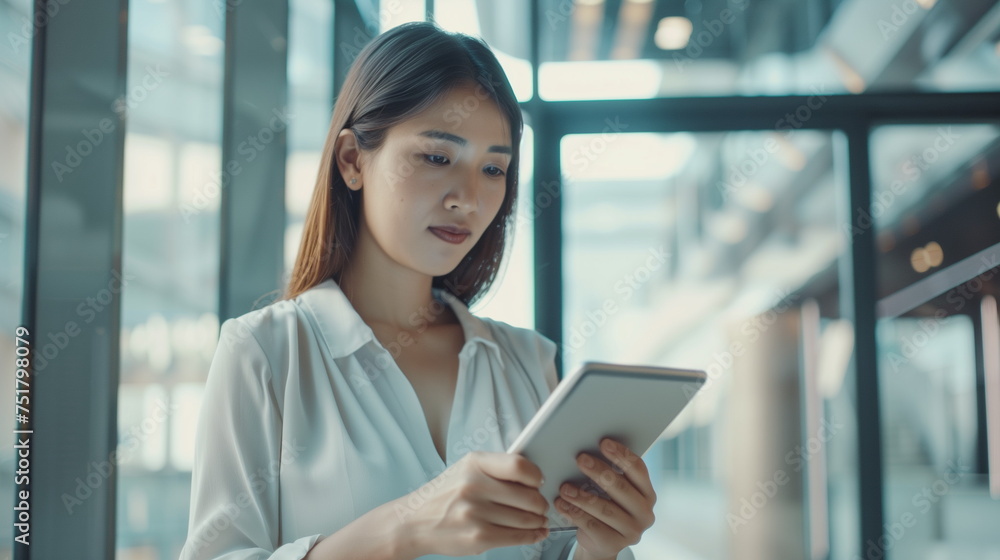 Young smart busy professional business woman executive, female company worker or manager holding digital tablet using pad technology device working standing in modern corporate office. Young smart busy professional business woman executive, female company worker or manager holding digital tablet using pad technology device working standing in modern corporate office.