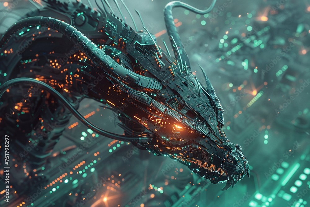 3D render of a rogue AI assuming the form of a dragon wreaking havoc in a digital realm within a cybernetic network - obrazy, fototapety, plakaty 